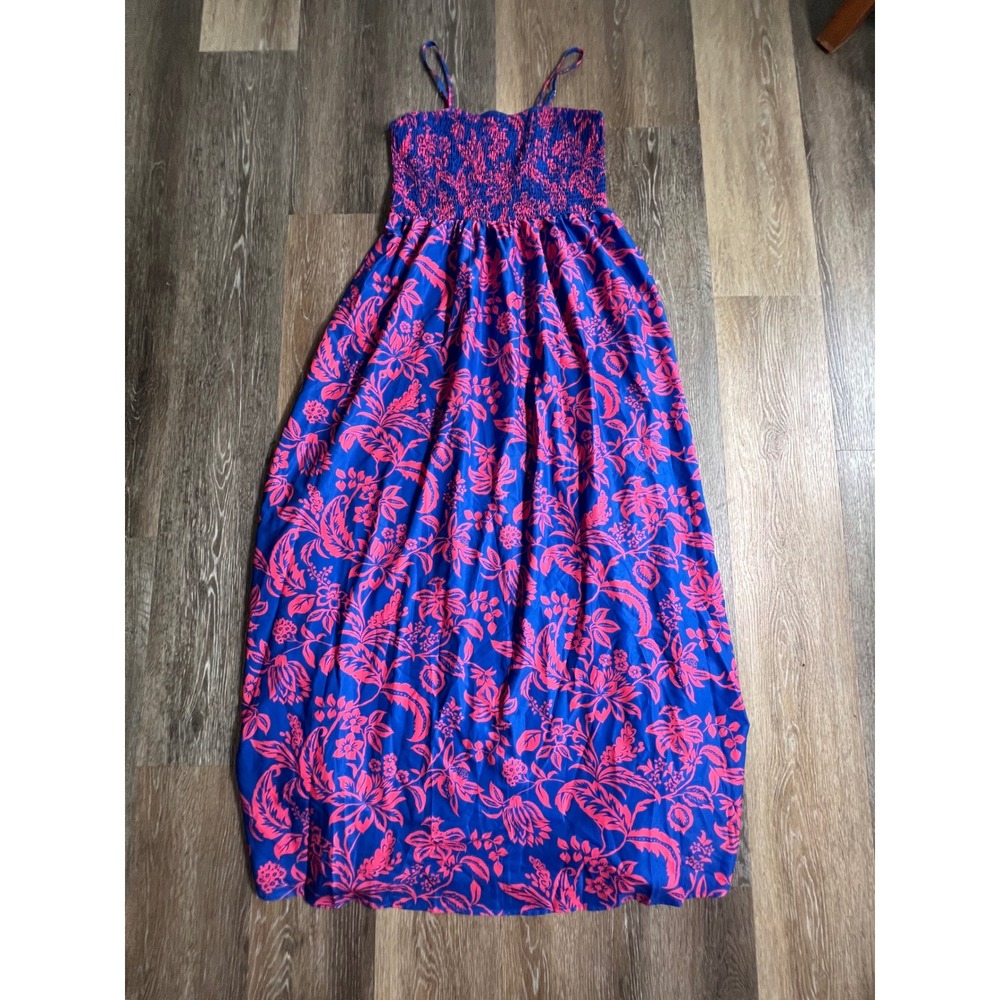Floral Maxi Dress Womens Small Blue Pink Excellent Smocked Tropical‎